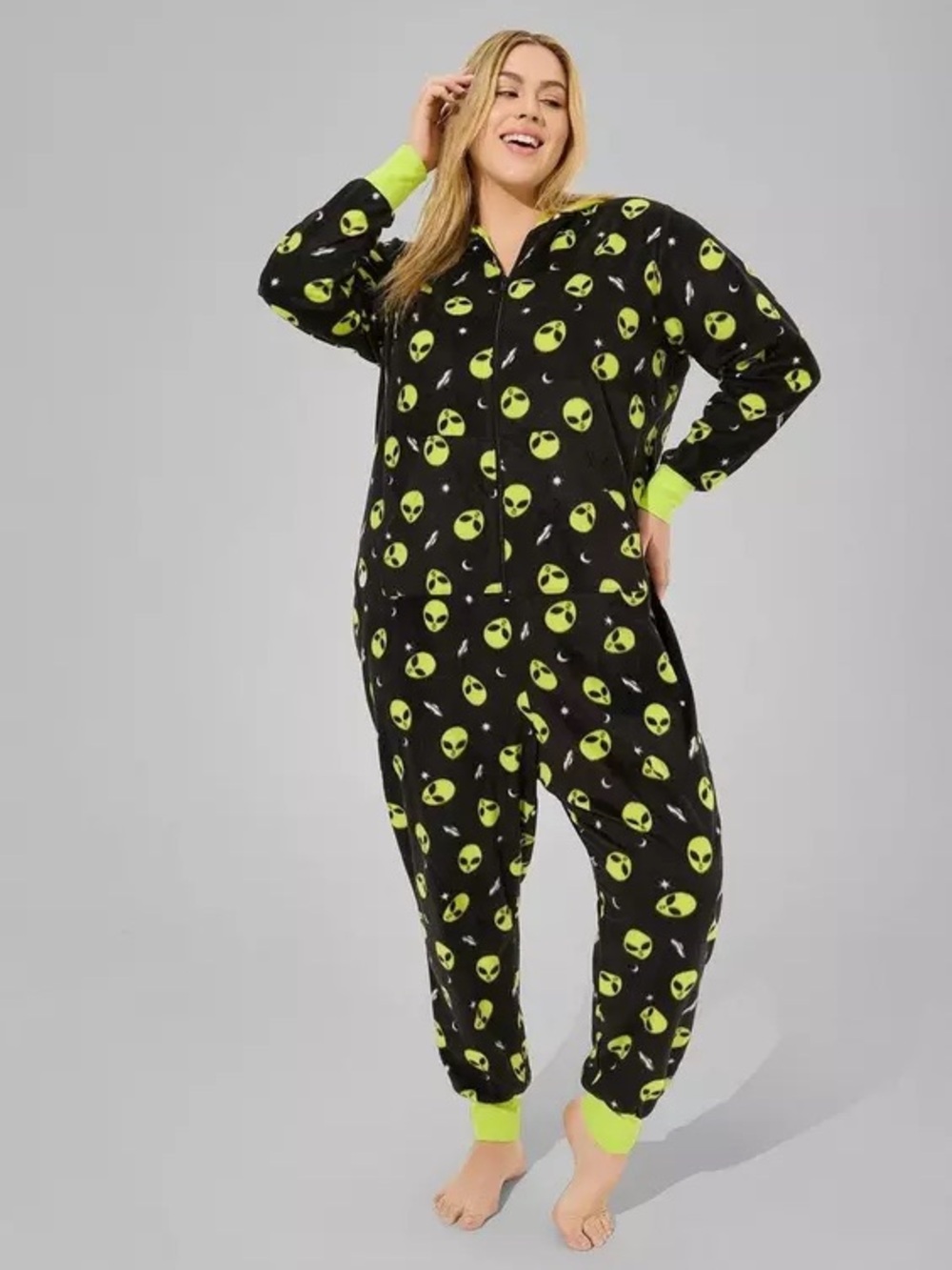 Black & Neon Green Alien Print Fleece Pajama Onesie